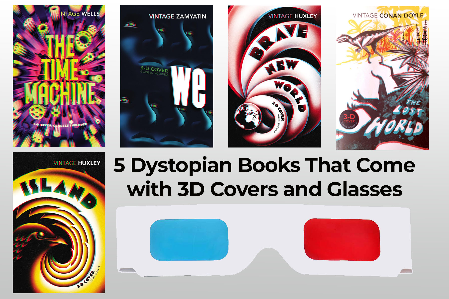Dystopian books with 3d covers and glasses